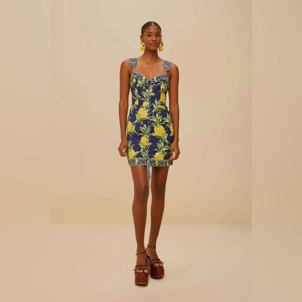 Farm Rio Delicate Pineapple Navy Blue Sleeveless Lacing Min, Size X Large, $249